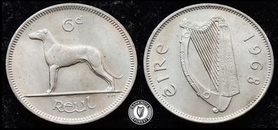 [#453] - Ireland 1968 | Irish 6p | Six Pence | Wolfhound | KM.13a | UNC