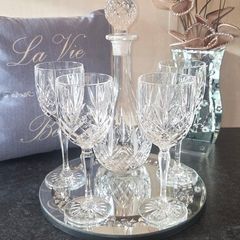 Vintage Cut Crystal Decanter & 4 Wine Glass Set Barware Elegant Luxury