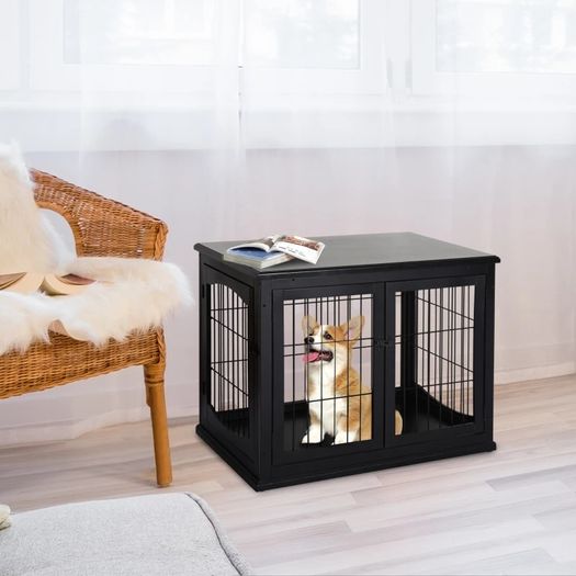 66cm/26'' Wooden Decorative Dog Cage Pet Crate Double Door Small Animal with Tabletop, Black