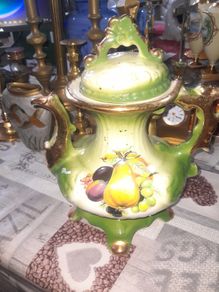 Beautiful Large Old Staffordshire Ironstone Ceramic Teapot with Green and Gold finish, Decorated with a Fruit Scene, Postage Available