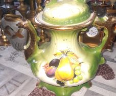 Beautiful Large Old Staffordshire Ironstone Ceramic Teapot with Green and Gold finish, Decorated with a Fruit Scene, Postage Available