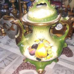 Beautiful Large Old Staffordshire Ironstone Ceramic Teapot with Green and Gold finish, Decorated with a Fruit Scene, Postage Available