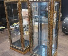 Pair of Ornate Glass Display Cabinets / Curio Cabinets - Burl Wood & Gold Detail