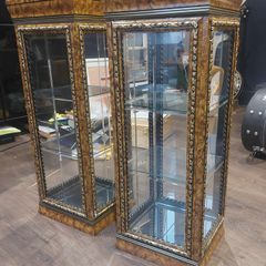 Pair of Ornate Glass Display Cabinets / Curio Cabinets - Burl Wood & Gold Detail