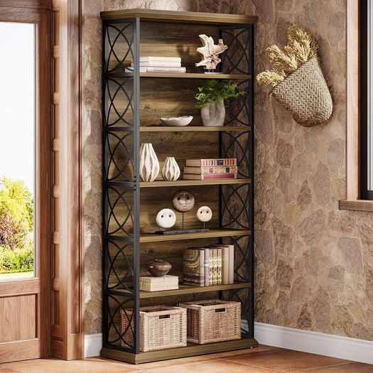 6 Tier Vintage Industrial Bookcase 185 cm High Standing Shelf Wood, Open Display Shelf with Metal Frame