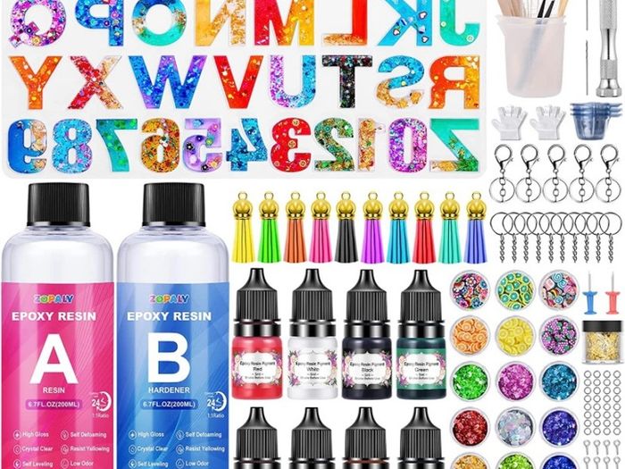Epoxy Resin Kits for Beginners, 192 Pcs Letter Number Resin Moulds Silicone Keyring Making Kit, with 400ml Clear Resin, Resin Accessories/Pigment/Glitter Sequin/Gold Leaf/Keychain Tassels (FREE POSTAGE)