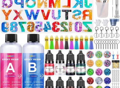 Epoxy Resin Kits for Beginners, 192 Pcs Letter Number Resin Moulds Silicone Keyring Making Kit, with 400ml Clear Resin, Resin Accessories/Pigment/Glitter Sequin/Gold Leaf/Keychain Tassels (FREE POSTAGE)