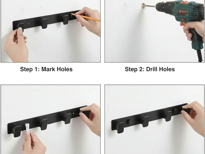 2 Pack Coat Hooks Wall Mounted, Black Coat Rack with 4 Hooks Heavy Duty Towel Hook Wall Hooks Organizer for Hanging Towels, Clothes, Bags, Hat