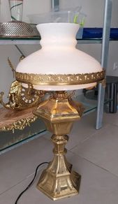 Tall heavy brass lamp with glass shade