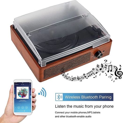 Bluetooth Record Player Belt-Driven 3-Speed Turntable, Vintage Vinyl Record Players Built-in Stereo Speakers, with Headphone Jack/Aux Input/RCA Line Out, Wooden (FREE POSTAGE)