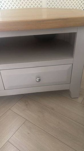 Grey TV Unit / Corner Media Cabinet with Solid Wood Top & 2 Drawers
