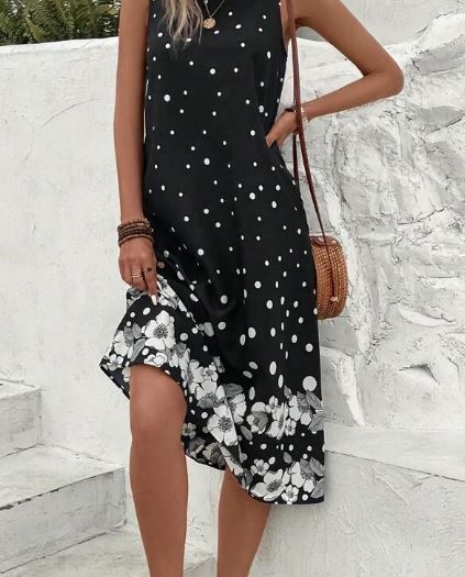 Sleeveless Navy and White Polka Dot Dress
