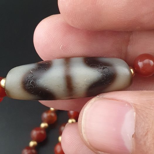 Antique Zigzag Tibetan Agate Pendant With Carnelian Beads Necklace