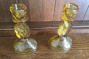 A Pair of Vintage 6 inch Amber Glass candle holders