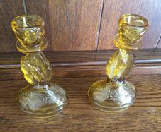 A Pair of Vintage 6 inch Amber Glass candle holders