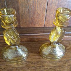 A Pair of Vintage 6 inch Amber Glass candle holders