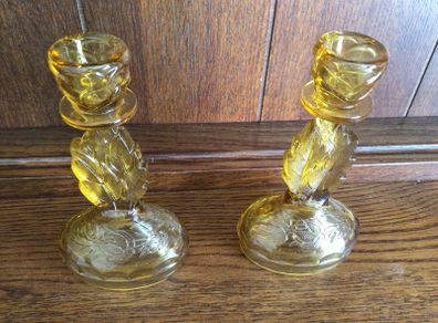 A Pair of Vintage 6 inch Amber Glass candle holders
