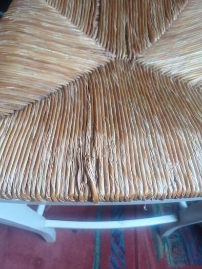 counter top high chairs, white with wicker seats. Slight wear as shown on 1 but 2 in very good condition. Slight distressed  style.