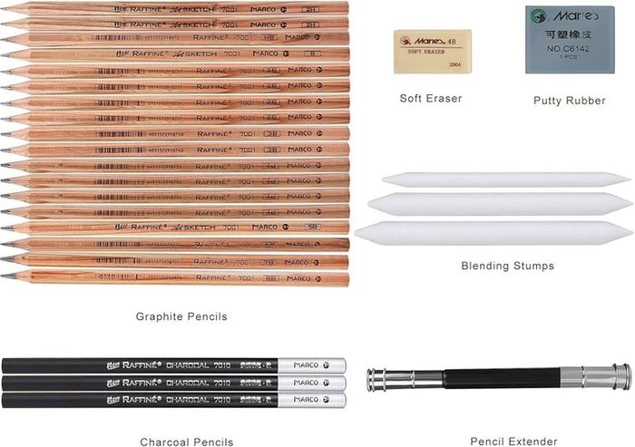 Drawing Pencils Set Sketching Pencils Sketch Kit Art Supplies with Graphite Charcoal Pencil Extender Blending Stumps in Roll up Case for Artists Kids Adults Beginners 29 Pack