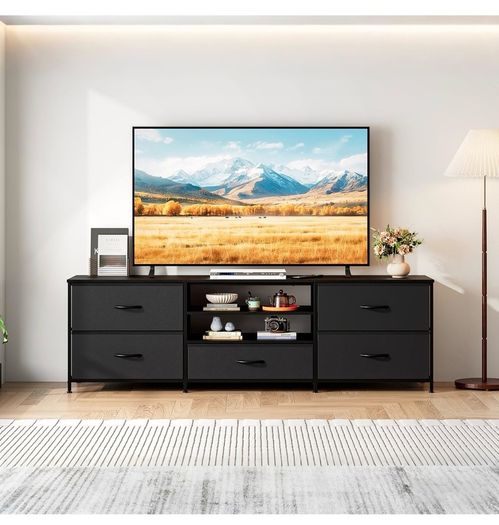 TV Stand Cabinet, TV Unit with 5 Drawers, 140 cm, All Black TV Console Table with Storage Organizers, Entertainment Center with Open Shelf for Living Room, Bedroom