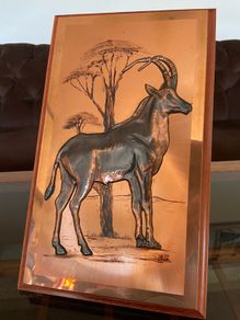 Vintage Handmade Magowan 3d Copper Art Teak Wood Wall Plaque