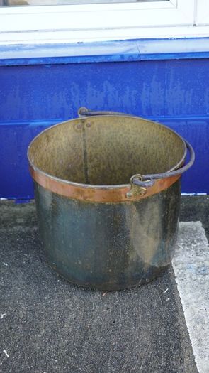 Vintage Brass Hearth Log Bucket with Forged Iron Handle