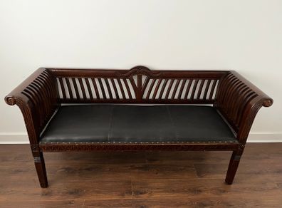 Stunning Hand-Carved Colonial Solid Wood & Real Leather Bench / Settee