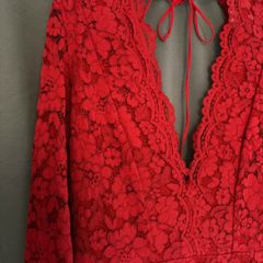 H&M red lace long sleeve V-neck mini dress size UK 14