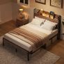 4ft6 Double Bed Frame with Storage Wooden Headboard, LED Light & Charging Station, Platform Metal Bed Frame Double with Underbed Storage, Strong Metal Slat Support Image 8
