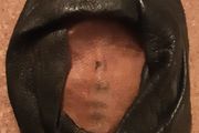 Vintage leather faced mask brooch