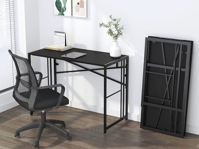 Small Folding Computer Desk 90 cm No Assembly Required, Black Writing Gaming Computer Desk for Small Spaces, Narrow Home Office Desk, Portable Camping Table