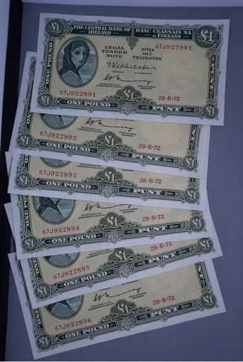 Ireland 1972 Lady Lavery 1 Pound Banknotes Uncirculated x6 Crisp Consecutive Numbers
