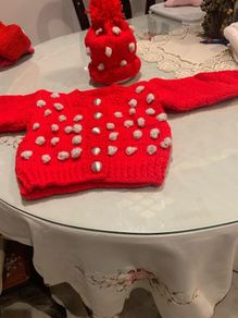 Hand knit Red and Silver child's Cardigan and hat set