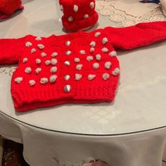 Hand knit Red and Silver child's Cardigan and hat set