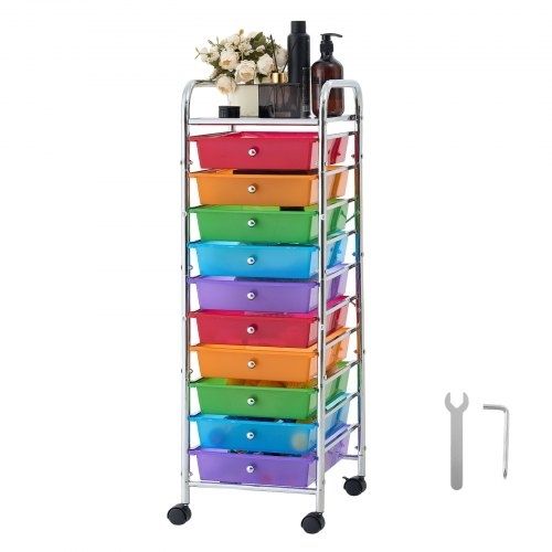 Rolling Cart with Drawers, 10 Drawer Storage Organizer, Mobile Utility Cart with Steel Frame, Universal Casters & 2 Brakes, Great for Office, Classroom, Craft Tools, Garage, Studio, Rainbow