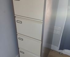 4 drawer steel filing cabinet. Seldom used, perfect condition. Measurements. Height 52" ( 1320mm ) Width 18" ( 460mm ) Depth 25" ( 640mm ) A lot of new files in drawers also.