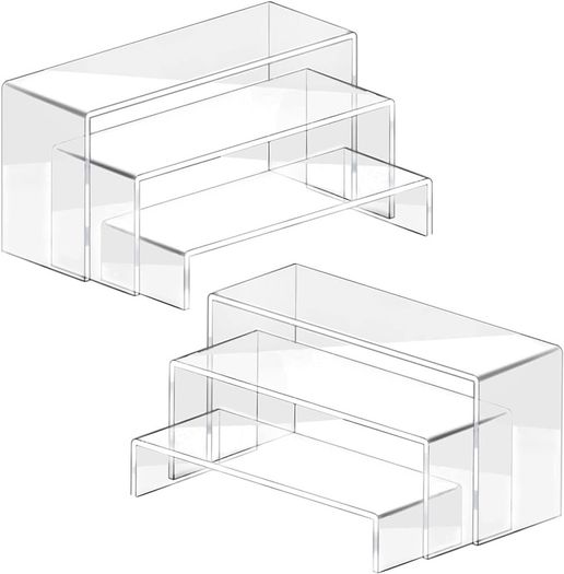 6 Pcs Acrylic Display Risers Stand Shelf Clear Dessert table Set 3 Steps Display Stands Showcase for Amiibo Funko Figures Cupcake/Perfume Cologne Lotion Collectible Makeup Jewelry