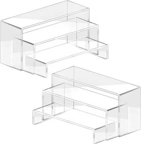 6 Pcs Acrylic Display Risers Stand Shelf Clear Dessert table Set 3 Steps Display Stands Showcase for Amiibo Funko Figures Cupcake/Perfume Cologne Lotion Collectible Makeup Jewelry