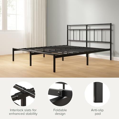 Elias Double Bed Frame Bed 190x135 cm  30cm Height Metal Bed Frame with Headboard  Platform bed frame with steel slat support  Modern Design  Easy Assembly  Black