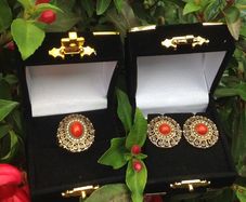 Antique 18 ct Gold Coral and Pearl Ring and Earrings