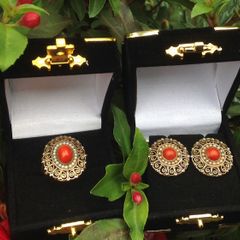 Antique 18 ct Gold Coral and Pearl Ring and Earrings