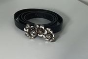 Black Patent Belt with Silver Metal Rose Buckle