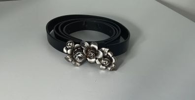 Black Patent Belt with Silver Metal Rose Buckle