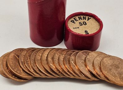 Great Britain 1966 Beautiful Uncirculated Lustrous Penny Roll Tube of 50 Coins