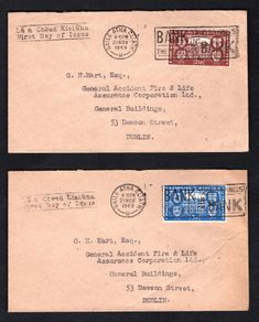 1949 Ireland Republic of Ireland (International Recognition of the Republic) Commemorative Stamps Neatly typed addressed pair on plain First Day Cover (FDC) with Baile Atha Cliath (Dublin) cancel and Bank in the savings Bank slogan cancel