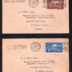 1949 Ireland Republic of Ireland (International Recognition of the Republic) Commemorative Stamps Neatly typed addressed pair on plain First Day Cover (FDC) with Baile Atha Cliath (Dublin) cancel and Bank in the savings Bank slogan cancel