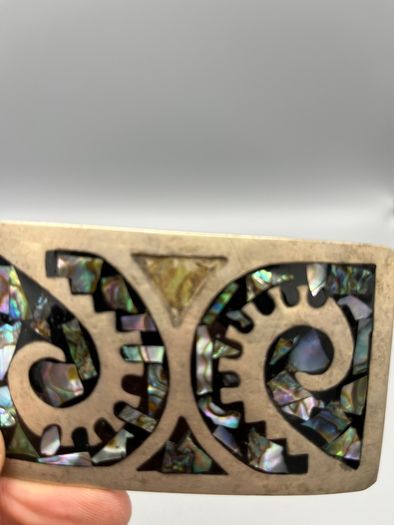 Vintage Alpaca Mexico Belt Buckle - Abalone Inlay, Scrollwork Design (Minor Damage)
