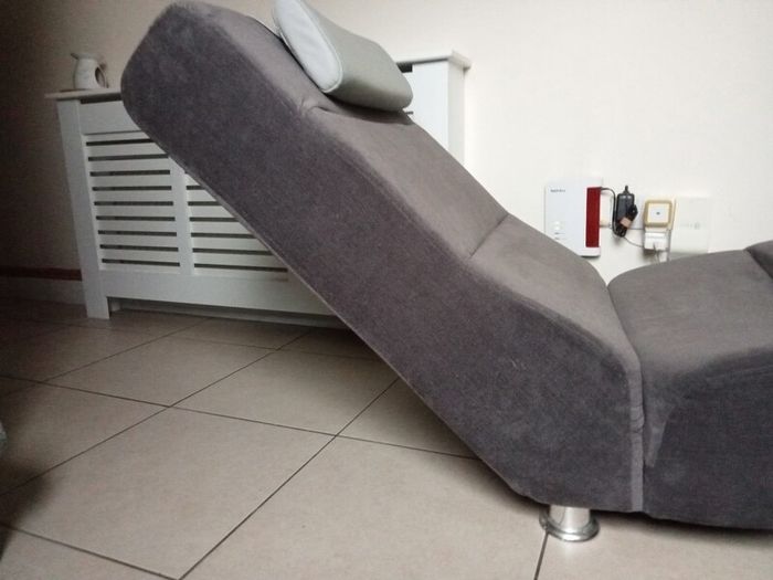 Grey Fabric Chaise Long Lounge Lounger with Leather headrest