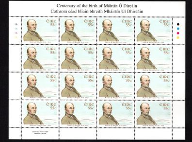 2010 Ireland Birth Centenary of Mairtin O'Direain (Irish Poet) Commemorative Stamp Sheetlet Plate 1A1A1A1A Mint Never Hinged (MNH)