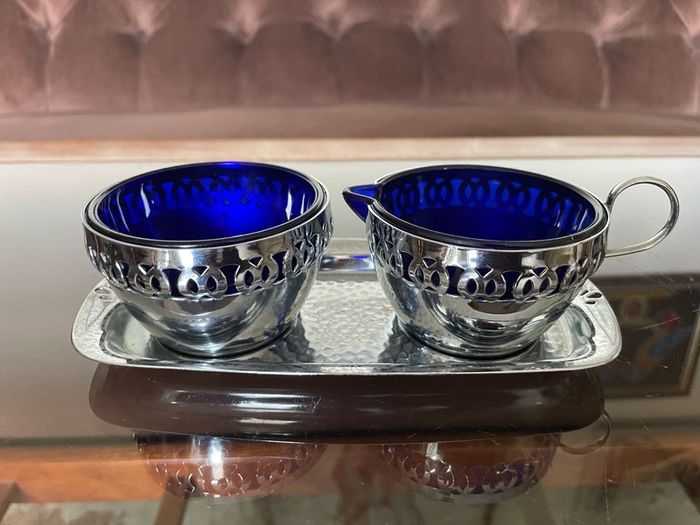 Vintage Silver Chromed Metal Cobalt Blue Glass Sugar and Creamer Set Serving Tray